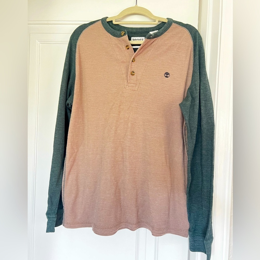 Timberland Men’s Green Tan Henley Slim Fit Waffle Knit Thermal Shirt Size Medium